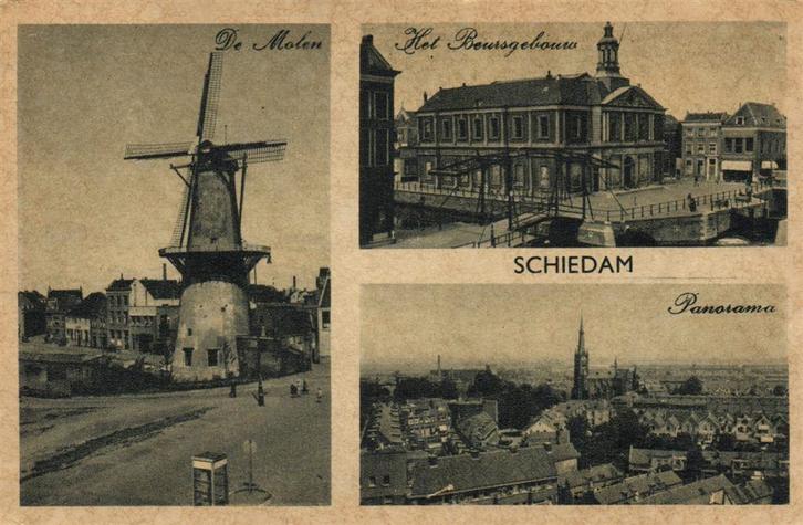 Schiedam - 3 afb o.a. Panorama - 1947 gelopen, Verzamelen, Ansichtkaarten | Nederland, Gelopen, Zuid-Holland, 1940 tot 1960, Ophalen of Verzenden