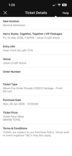 Harry Styles Johan Cruijff Arena 22-05-26 Front GA Left VIP, Eén persoon, Overige soorten