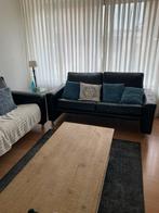 Strak zwart leren bankstel - Geleen, Huis en Inrichting, Banken | Bankstellen, Ophalen, Gebruikt