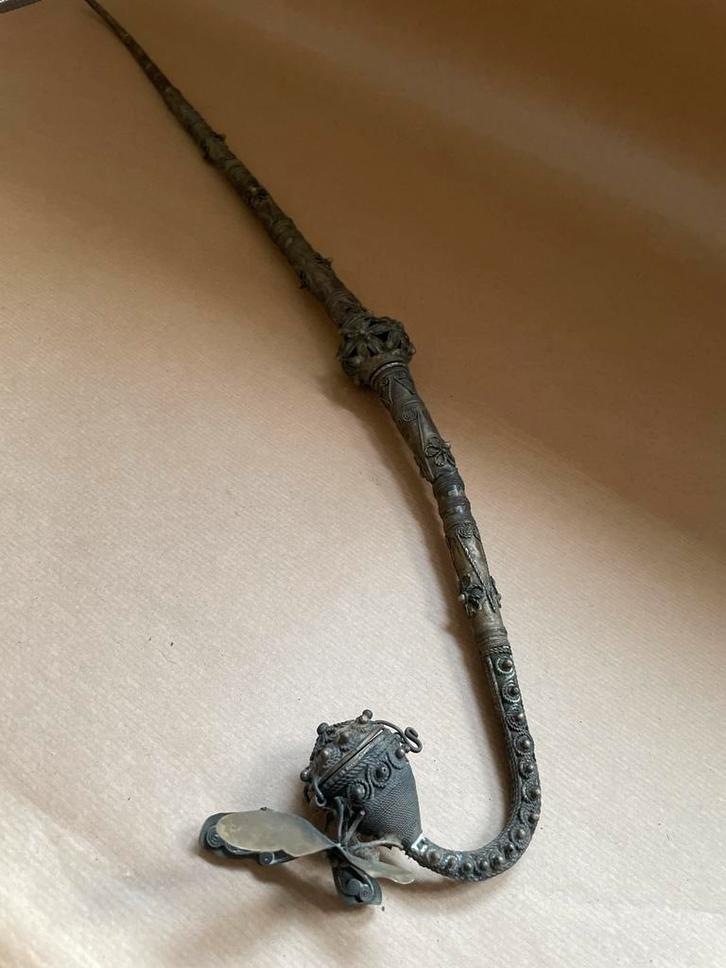 Antieke pijpenkop met steel 61 cm, Antiek en Kunst, Antiek | Goud en Zilver, Zilver, Ophalen