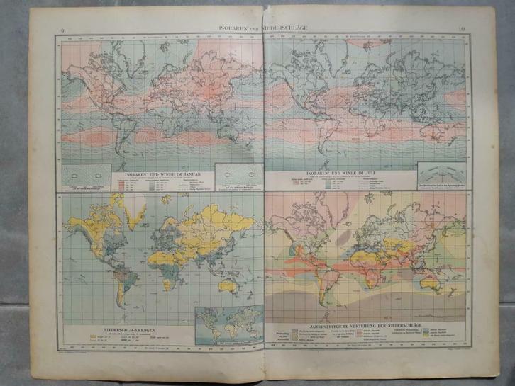 009-010/ Wereldkaart isobaren en neerslag litho 1899, Antiek en Kunst, Kunst | Litho's en Zeefdrukken, Ophalen of Verzenden