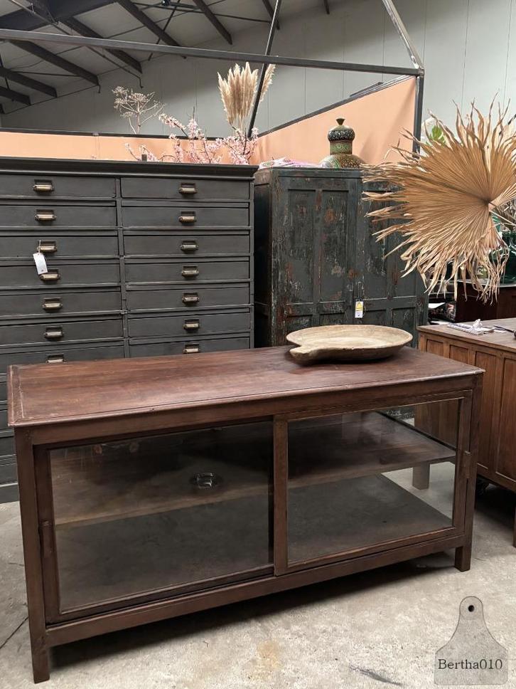 Prachtige grote antieke toonbank met glas keukeneiland, Huis en Inrichting, Keuken | Keukenelementen, Gebruikt, Minder dan 100 cm