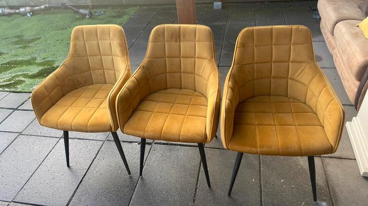 Set van 3 gele velvet eetkamerstoelen, Huis en Inrichting, Stoelen, Gebruikt, Drie, Metaal, Stof, Overige kleuren, Ophalen