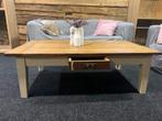 Salontafel; hout blad, witte poten, laatje, Huis en Inrichting, Tafels | Salontafels, Ophalen, Gebruikt, 100 tot 150 cm, 50 tot 100 cm