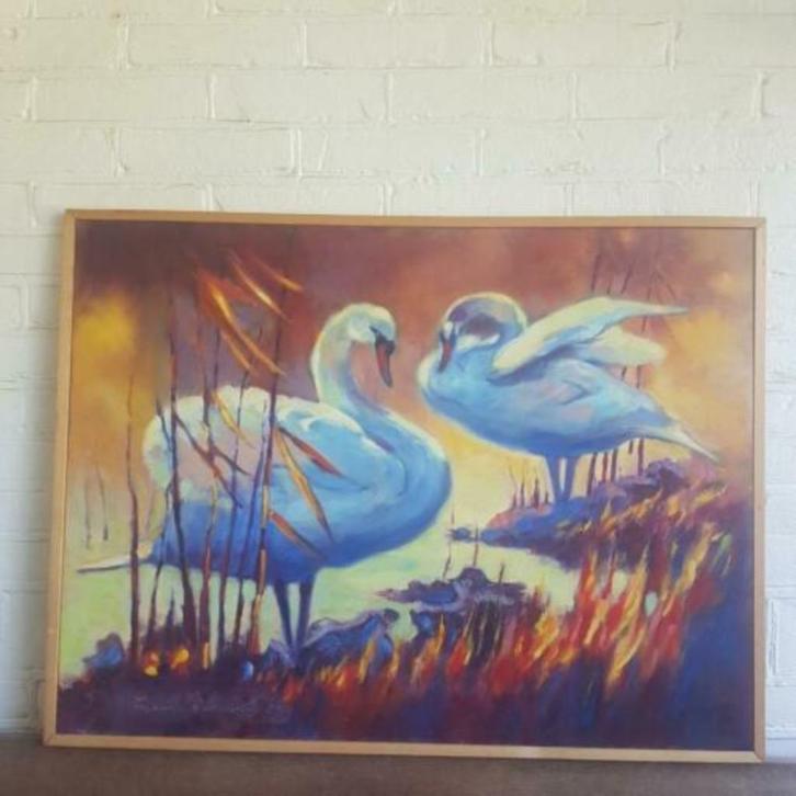 Olieverf twee Zwanen Annemiek Ramakers (1940 - 2019), Antiek en Kunst, Kunst | Schilderijen | Klassiek, Ophalen