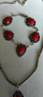 massief zilveren ketting met bloedkoraal en armband, Sieraden, Tassen en Uiterlijk, Kettingen, Ophalen of Verzenden, Zo goed als nieuw