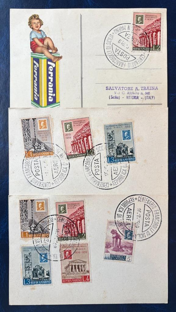 ITALIË - SAN MARINO - SICILIË set kaarten via luchtpost 1959, Postzegels en Munten, Postzegels | Europa | Italië, Gestempeld, Verzenden