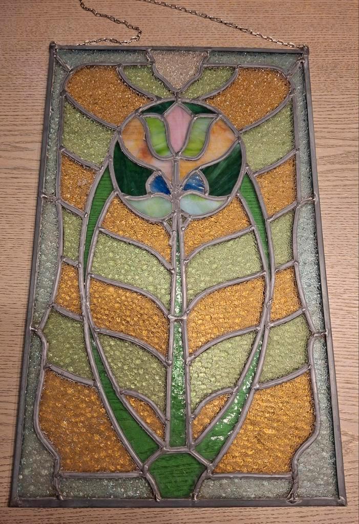 Glas in Lood Paneel - Tulp Design 53x32cm, Antiek en Kunst, Antiek | Wandborden en Tegels, Ophalen