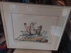 Vintage gekleurde prent 47x40 paard ruiter, Ophalen of Verzenden