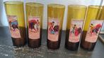 Vintage longdrinkglazen amberkleurig stierenvechters 5x, Huis en Inrichting, Keuken | Servies, Glas of Glazen, Gebruikt, Ophalen of Verzenden
