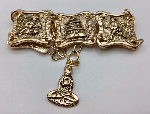 Vintage amband met Chinese afbeeldingen goud verguld 1950, Sieraden, Tassen en Uiterlijk, Antieke sieraden, Armband, Goud, Verguld