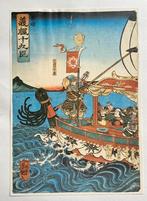 Japanse prent: Zeeslag op boot, Antiek en Kunst, Ophalen of Verzenden