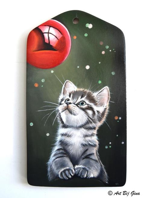Have yourself a Tabby christmas, hand geschilderd op hout, Antiek en Kunst, Kunst | Overige Kunst, Ophalen of Verzenden