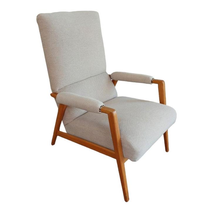 Vintage fauteuil, arm chair, relax stoel, Huis en Inrichting, Fauteuils, Gebruikt, Hout, Stof, 50 tot 75 cm, Minder dan 75 cm