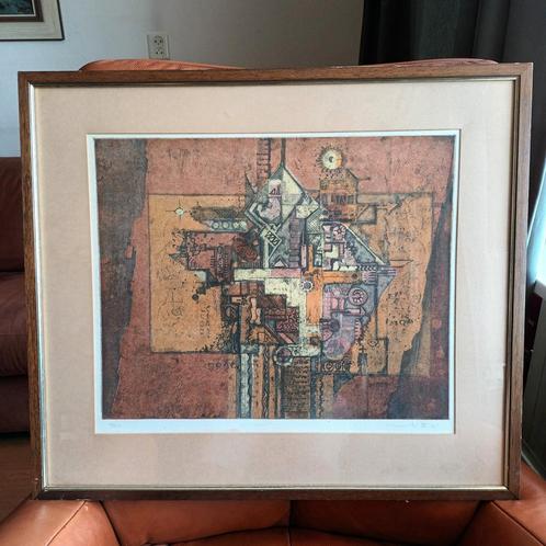 Abstracte compositie,  kleuren ets, 1975, gesigneerd r.o., Antiek en Kunst, Kunst | Litho's en Zeefdrukken, Ophalen of Verzenden