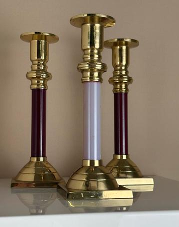 Messing set vintage kandelaren bordeaux rood lila goud beschikbaar voor biedingen