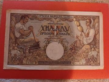 Servië  1942 Bankbiljet 1000 Dinara 18,5 x 11 cm