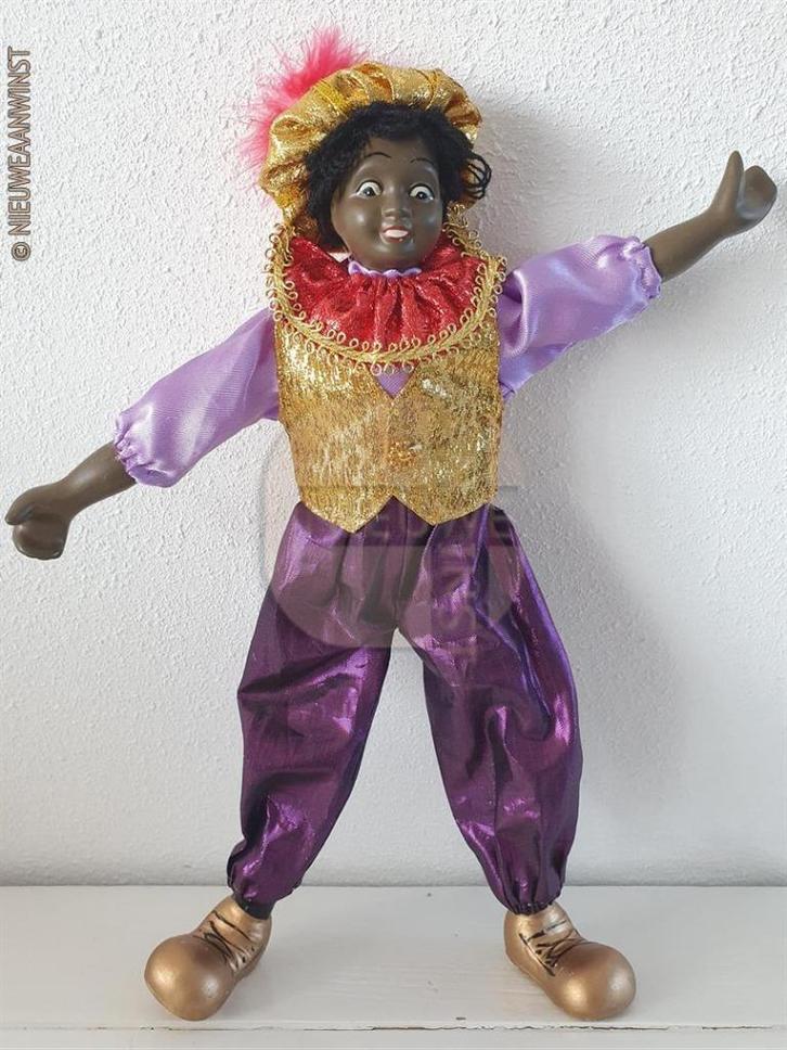 Authentieke etalage zwarte Piet pop - 32cm, paars/goud/rood, Diversen, Sinterklaas, Zo goed als nieuw, Verzenden