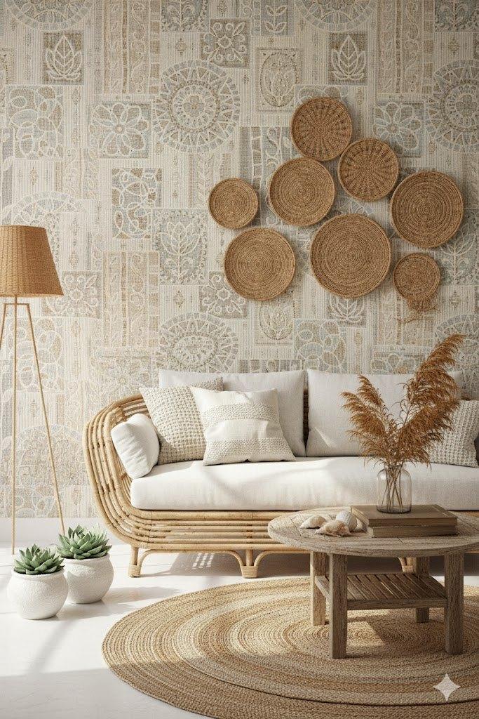 6760 zand en grijs patchwork motief vintage behang, Swiet, Ophalen of Verzenden, 75 m² of meer, Grijs