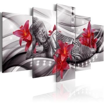 282 Buddha Rode Bloemen 5 Luik Canvas Schilderij 200x100cm beschikbaar voor biedingen