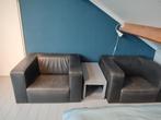 2 bruine leren fauteuils, Huis en Inrichting, Fauteuils, Ophalen, Gebruikt, 75 tot 100 cm, 50 tot 75 cm