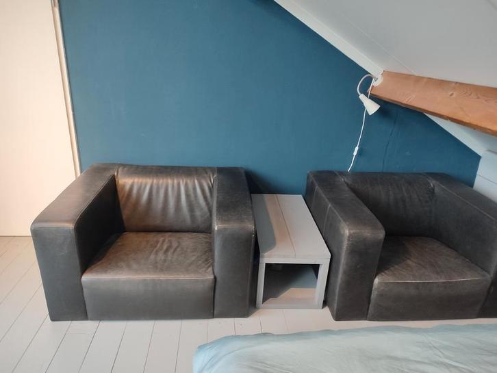 2 bruine leren fauteuils, Huis en Inrichting, Fauteuils, Gebruikt, 50 tot 75 cm, 75 tot 100 cm, Ophalen