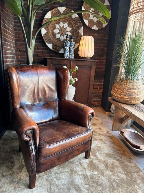 Klassieke Schapenleren Oorfauteuil, Huis en Inrichting, Fauteuils, Gebruikt, Leer, 75 tot 100 cm, 100 tot 125 cm, Ophalen of Verzenden