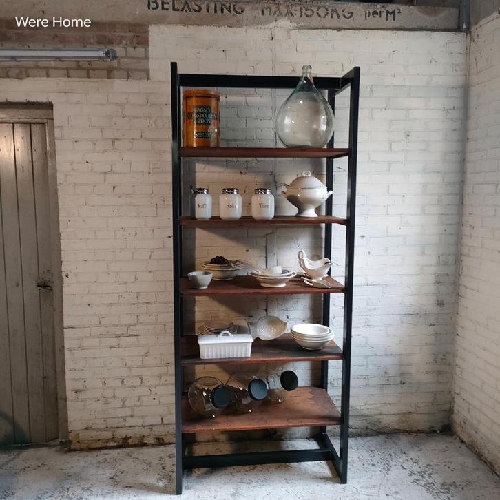 Industriele kast stelling ijzer oude planken custom uniek, Antiek en Kunst, Curiosa en Brocante, Ophalen of Verzenden