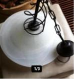 Hanglamp diameter 45 cm gemarmerd glas,met bruin ijzer., Ophalen of Verzenden, Zo goed als nieuw, Glas, Minder dan 50 cm
