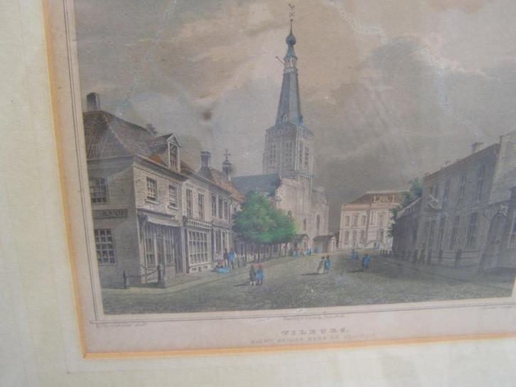 gravure Tilburg, 1850 met Markt, Groote Kerk en Stadhuis, Antiek en Kunst, Kunst | Etsen en Gravures, Ophalen of Verzenden