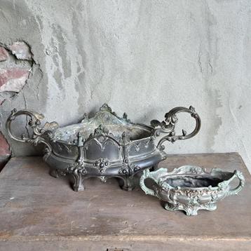 Mooie oude Franse vaas met oren jardinière koper/tin *Etage3 beschikbaar voor biedingen