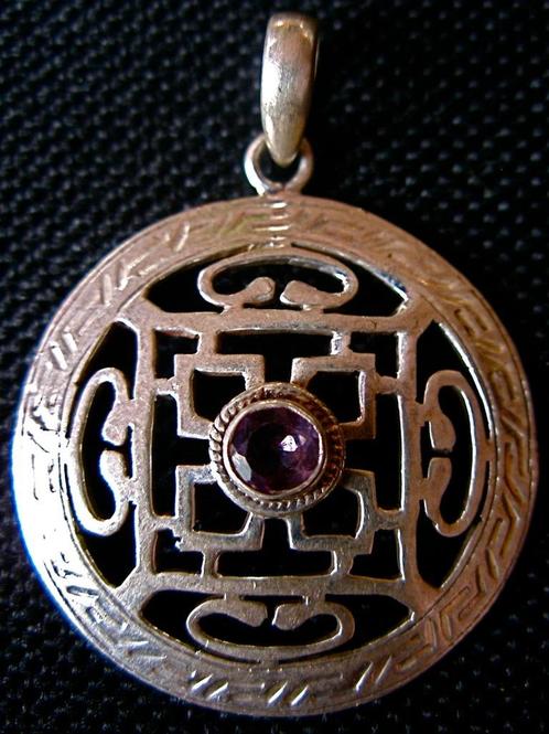 Zilveren 925 zilver kettinghanger rond opengewerkt amethist, Sieraden, Tassen en Uiterlijk, Kettinghangers, Nieuw, Zilver, Paars