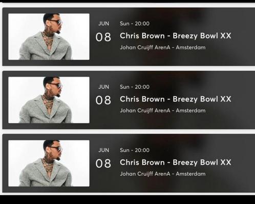 3 tickets te koop voor Chris Brown @ Amsterdam arena 8 juni, Tickets en Kaartjes, Concerten | R&B en Hiphop, Drie personen of meer