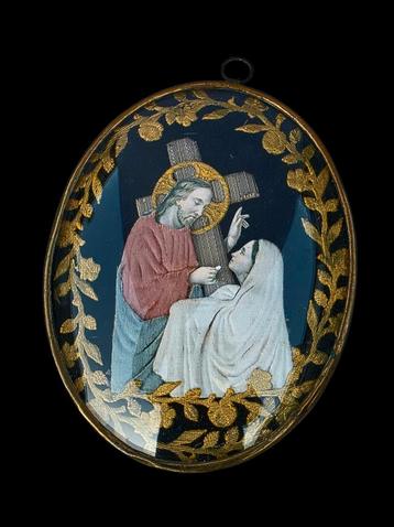 Antieke glazen Muur Stolp  Christus & Maria  periode ca 1850 beschikbaar voor biedingen