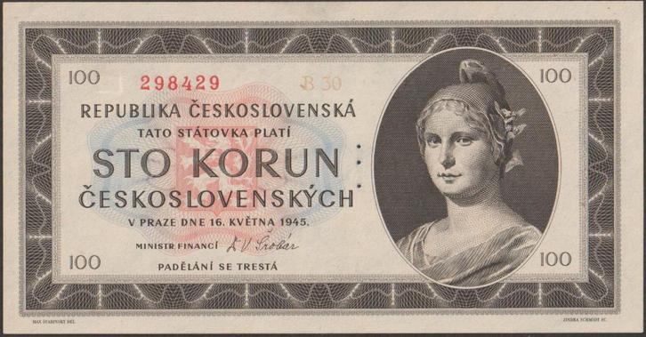 Tsjechoslowakije 100 korun 1945 aUNC p.67s Specimen (# 31), Postzegels en Munten, Bankbiljetten | Europa | Niet-Eurobiljetten