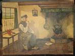 Oude man met pijp bij de haard, Antiek en Kunst, Kunst | Schilderijen | Klassiek, Ophalen of Verzenden