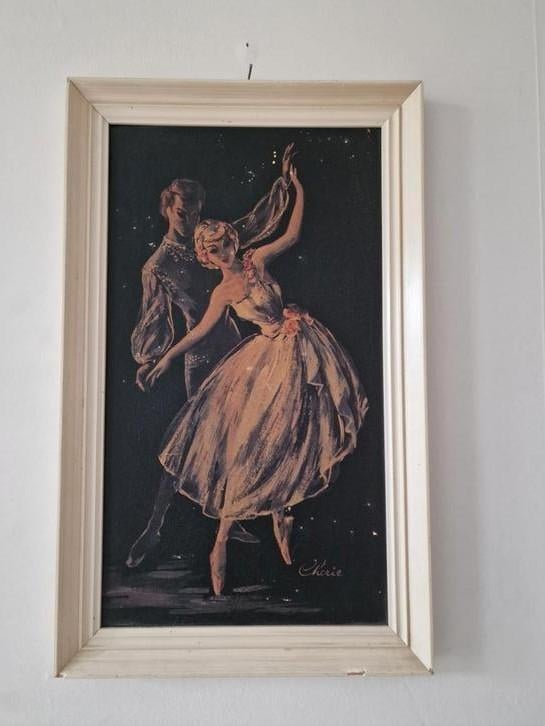 Vintage ballerina danspaar schilderijtje van Chérie, Minder dan 50 cm, Gebruikt, Ophalen of Verzenden, Schilderij