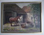 Gesigneerd J. Koning, olie/doek. Boerenerf met paarden., Ophalen