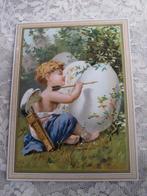Antiek Dun Kaartje - Engeltje Schildert Paasei 10 x 7.5 cm, Verzenden, Voor 1920, Overige thema's