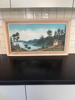 Oud schilderij: Berglandschap met water vintage 60 jaar oud, Antiek en Kunst, Ophalen
