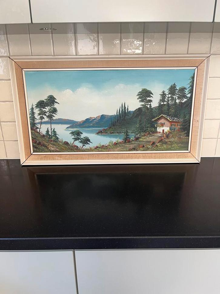 Oud schilderij: Berglandschap met water vintage 60 jaar oud, Antiek en Kunst, Kunst | Schilderijen | Klassiek, Ophalen