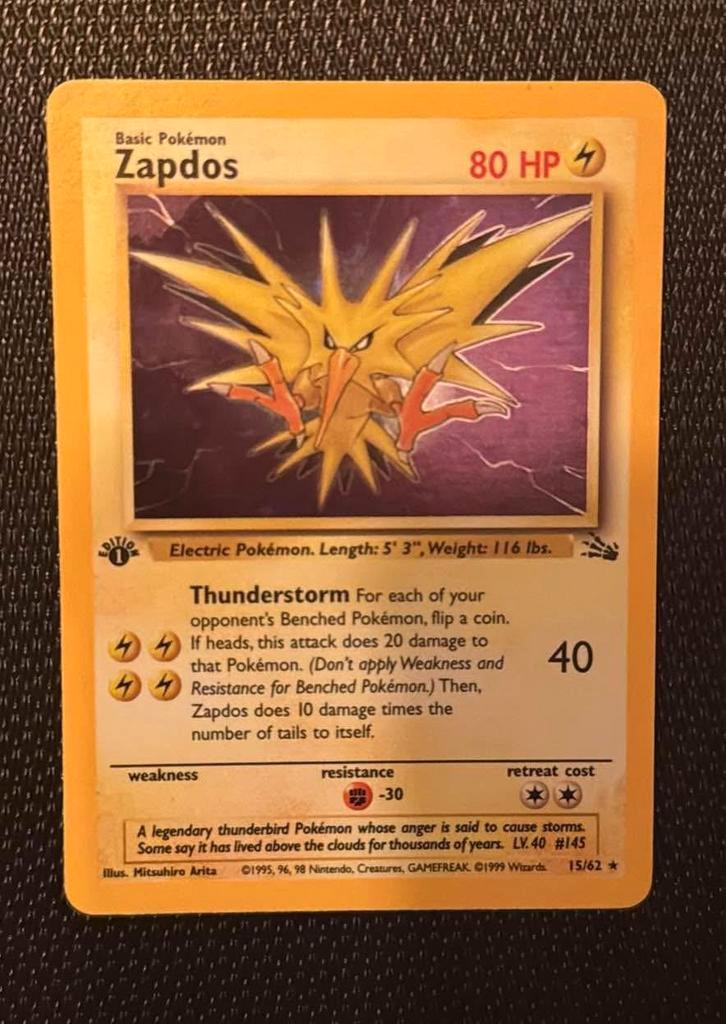 Zapdos Nearmint Holo 15/62 First Edition Fossil 1999 Wotc, Hobby en Vrije tijd, Verzamelkaartspellen | Pokémon, Zo goed als nieuw