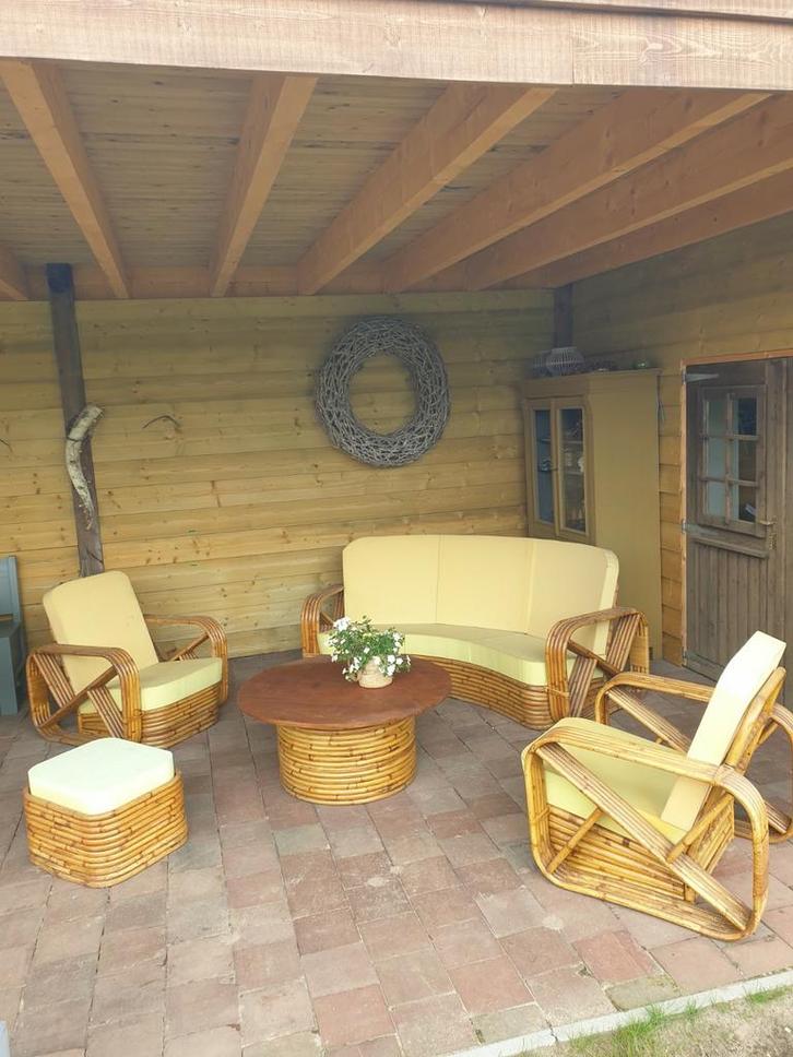 Zeldzame 5-delige Vintage Paul Frankl Rotan Bankstel 30/40, Tuin en Terras, Tuinsets en Loungesets, Gebruikt, Loungeset, Rotan