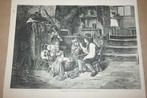 Antieke gravure - Kinderen delen eten met hond - Ca 1875 !!, Ophalen of Verzenden