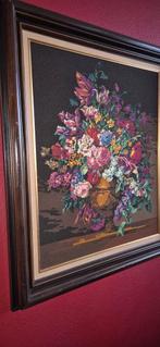 Groot Borduurwerk Bloemen in Lijst - 100x85 cm, Antiek en Kunst, Ophalen