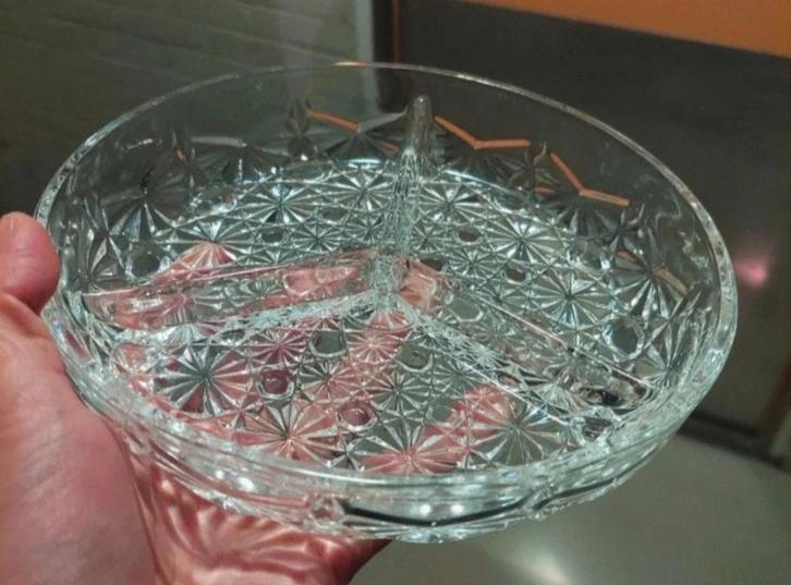 Vintage glazen serveerschaal met 3 vakken, Antiek en Kunst, Antiek | Glas en Kristal, Ophalen of Verzenden