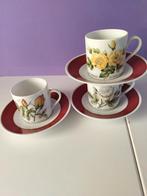 Oude kop en schotels met bloemmotief, Gebruikt, Ophalen of Verzenden, Overige stijlen, Kop(pen) en/of Schotel(s)