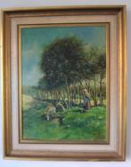 ﻿SCHILDERIJ SCHAPEN LINNEN GESIGNEERD : P.J.DISPO HOEVE ooq, Ophalen of Verzenden