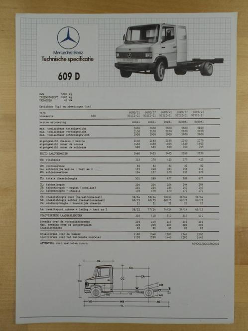 Mercedes 609D Technische Specificatie folder ca 1987 609 D, Boeken, Auto's | Folders en Tijdschriften, Zo goed als nieuw, Mercedes