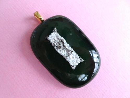 jwg Grote vintage 60s 70s art glass glas hanger zilver groen, Sieraden, Tassen en Uiterlijk, Antieke sieraden, Hanger, Overige materialen